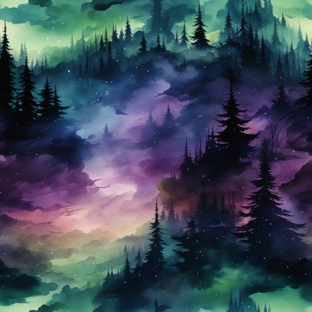Fantasy landscape with fir trees and mountains in the mist. Digital illustration.の素材