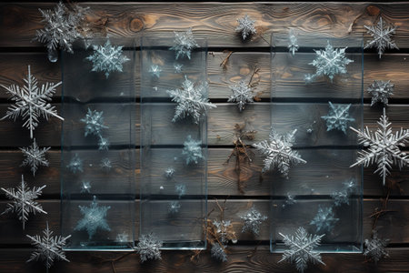 Christmas background with snowflakes on wooden planks. Top view.の素材