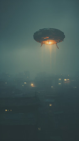 Airship in the fog over the city at night, vintage styleの素材