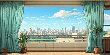 Panoramic view of the city through the window. Vector illustrationの素材