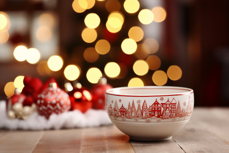 Bowl with Christmas decoration on wooden table against blurred festive lights backgroundの素材