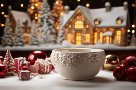 Cup of tea with christmas decoration on the background of the villageの素材