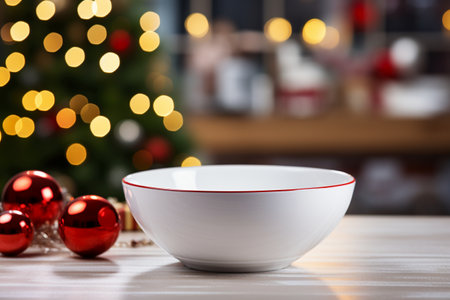 Empty bowl with christmas decorations on wooden table in kitchen, closeupの素材
