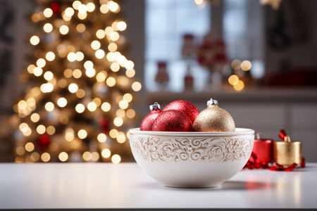 Christmas baubles in white bowl with Christmas tree in the backgroundの素材
