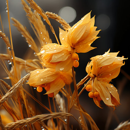 Yellow flowers with drops of dew on the background of wheat earsの素材
