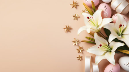 Easter background with white lily flowers and easter eggs.の素材