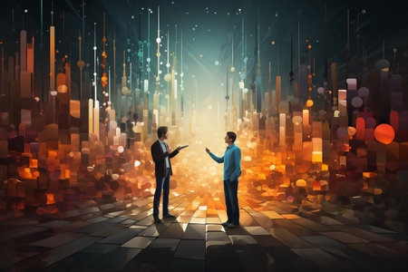 Two business people standing in front of a big city with glowing lightsの素材