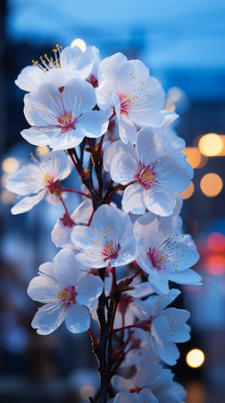 cherry blossom in spring on a background of the night cityの素材