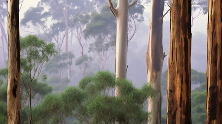 Eucalyptus forest in the morning mist, 3d renderの素材