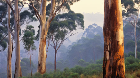Eucalyptus trees in the morning mist, Australia.の素材