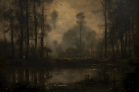 Foggy landscape with a river and trees in the foreground.の素材
