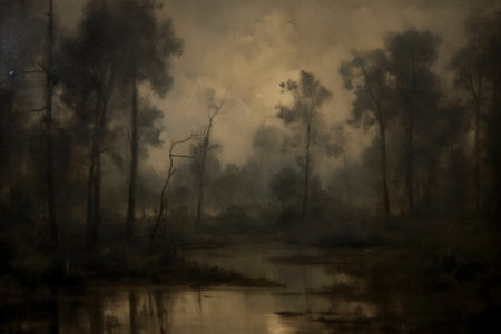 Forest fire at night with trees in fog and water reflection in the lakeの素材