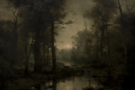 Landscape of a misty forest with a river in the foregroundの素材