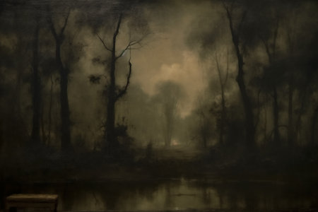 Mysterious dark forest with fog and water. Halloween concept.の素材