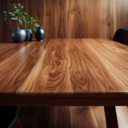 Wooden table with black chairs and plant. 3d rendering.の素材
