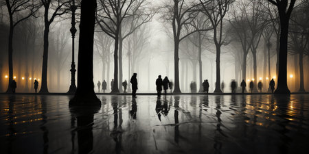 Silhouettes of people walking in a foggy park at nightの素材