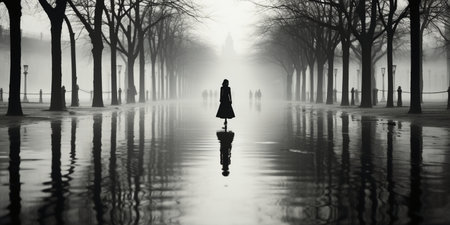 Silhouette of a woman walking in a foggy park.の素材