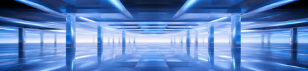 Futuristic corridor with glowing lights, 3d render illustration backgroundの素材