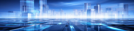 Abstract futuristic city panorama with blue neon lights. 3D renderingの素材
