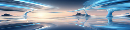 abstract landscape with blue sea and mountains, 3d render illustrationの素材