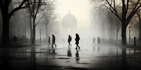 Silhouettes of people walking in a foggy city park.の素材