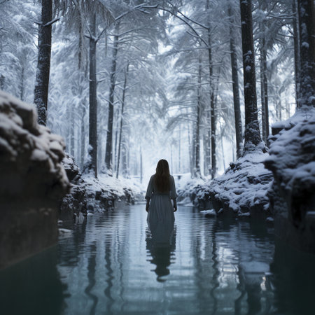 Woman in the winter forest with snow on the ground and river.の素材