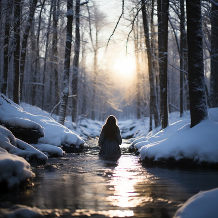 Beautiful young woman in a long dress walks through the winter forestの素材