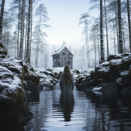 Young woman standing in the middle of a frozen lake with a wooden house in the backgroundの素材