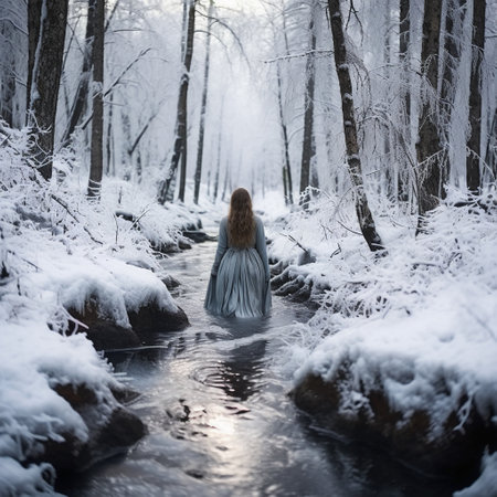 Beautiful young woman in a long blue dress walks through the winter forest.の素材
