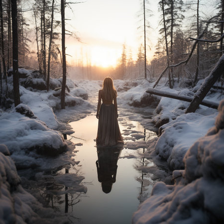 Beautiful young woman in long dress standing in winter forest and looking at sunsetの素材