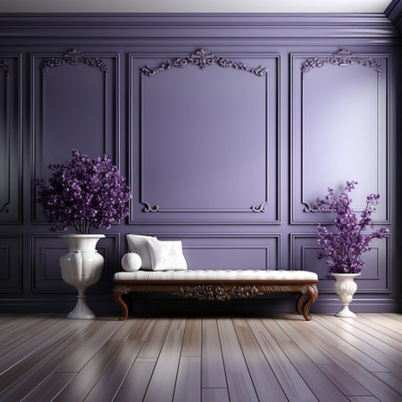 Classic interior with sofa, armchair and vase with lilac flowers. Floor parquet.Digital Illustration.3d renderingの素材