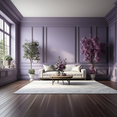 interior with purple walls, wooden floor and white sofa 3d renderingの素材
