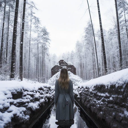 Beautiful young woman in a blue coat standing on the bridge in winter forestの素材