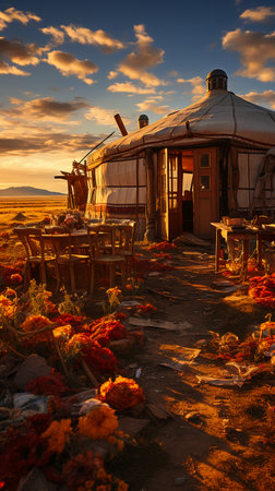 Yurt in the Mongolian steppe at sunset. Mongolia.の素材