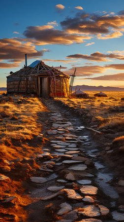 Abandoned huts in the mountains at sunset, Inner Mongoliaの素材
