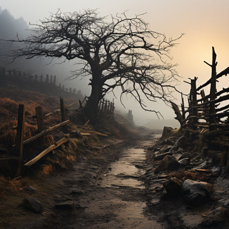 Lonely tree in the foggy forest. 3d renderの素材