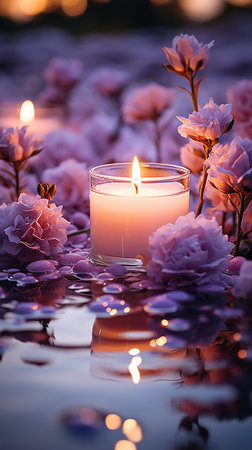 Beautiful pink roses and a burning candle on a dark background.の素材