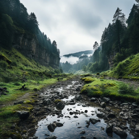 Mountain stream in the foggy forest. Beautiful summer landscape.の素材