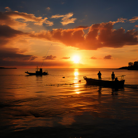 Silhouette of fishermen fishing on the beach at beautiful sunset.の素材