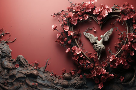 Valentine's day background with red flowers and golden angel.の素材