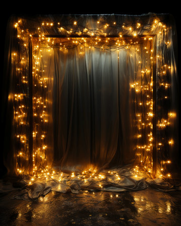 Golden curtain with glowing garland on black background, 3d illustrationの素材