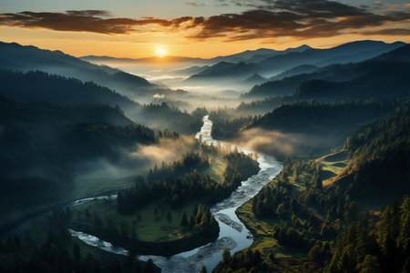 Beautiful sunset over the river in the Carpathian mountains.の素材