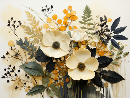 floral bouquet made of dried flowers and leaves on white backgroundの素材