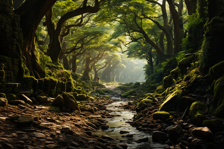 Mysterious forest with green trees and stream in the morning.の素材