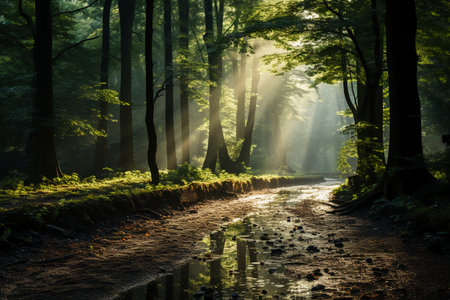 Morning in the forest. The sun's rays through the trees.の素材