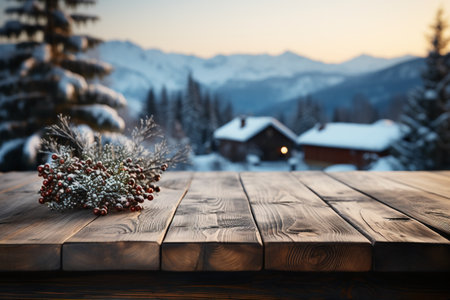 Wooden table in front of beautiful mountain landscape. Christmas background.の素材