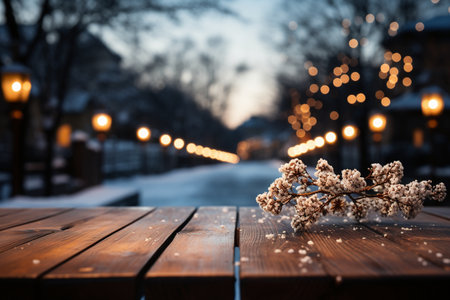 Wooden table in front of blurred street lights at winter night.の素材