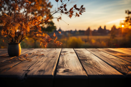 Wooden table in front of a blurred background of autumn landscape.の素材