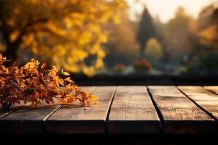 Wooden table in front of blurred autumn landscape. Ready for product display montageの素材