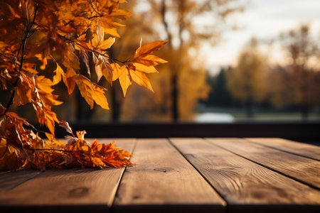 Wooden table with autumn leaves in front of blurred background. Fall season conceptの素材